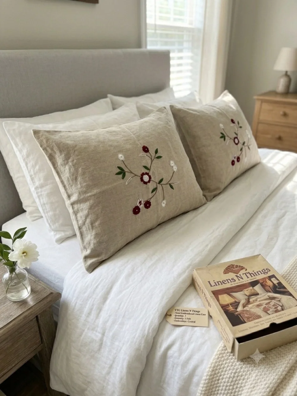 VTG Linens N Things Two Pillow Shams Floral Embroidered Cotton Natural Color
